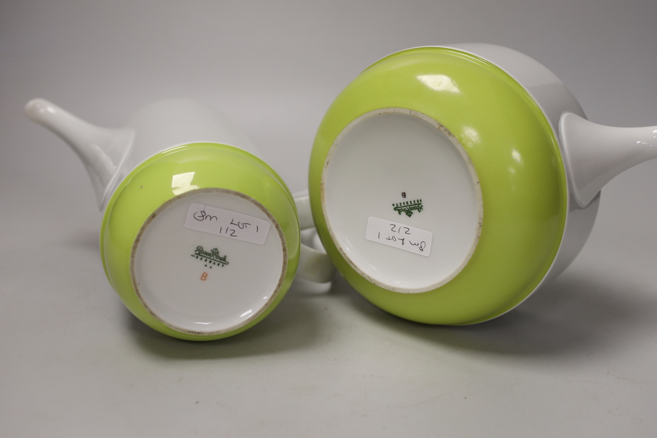 A 1960’s orange, green and white Rosenthal tea and coffee pot and a 'Bay' pottery vase, another and a jug, Rosenthal coffee pot 24cm high